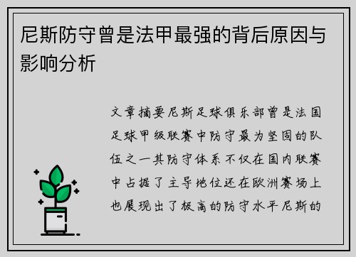 尼斯防守曾是法甲最强的背后原因与影响分析