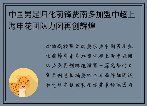 中国男足归化前锋费南多加盟中超上海申花团队力图再创辉煌